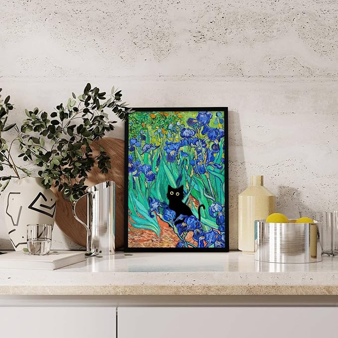 Fantasy Artists Van Gogh Irises Cat Wall Art, Framed Vintage Garden Canvas Wall - Image 2