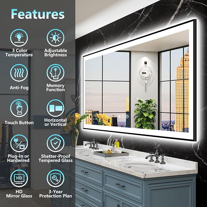 84x40 Black Framed LED Bathroom Mirror - Image 2