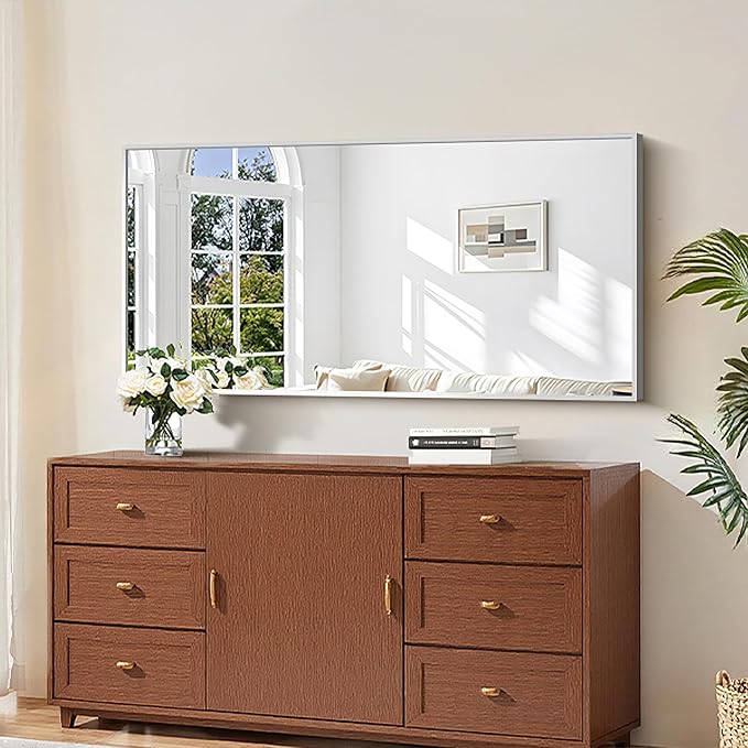 KOCUUY Silver Bathroom Mirror, HD Tempered Glass, Anti-Rust Brushed Silver Frame - Image 3