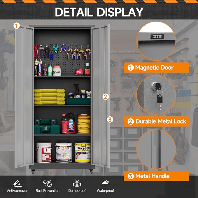 Garage Storage Cabinet with Wheels, Metal Storage Cabinet with 2 Doors and - Image 7
