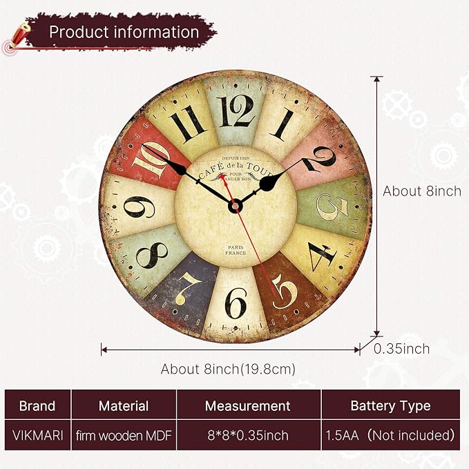 VIKMARI 8 Inch Silent Non-Ticking Wall Clock Arabic Numerals Retro Clocks - Image 3