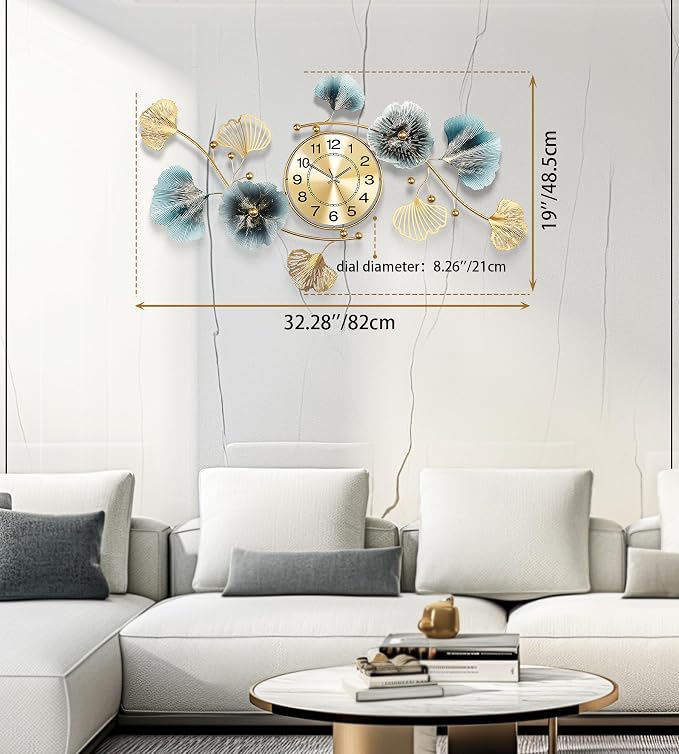Wall Clocks for Living Room Decor, Large Wall Clock, 3D Creative Metal Ginkgo - Image 3