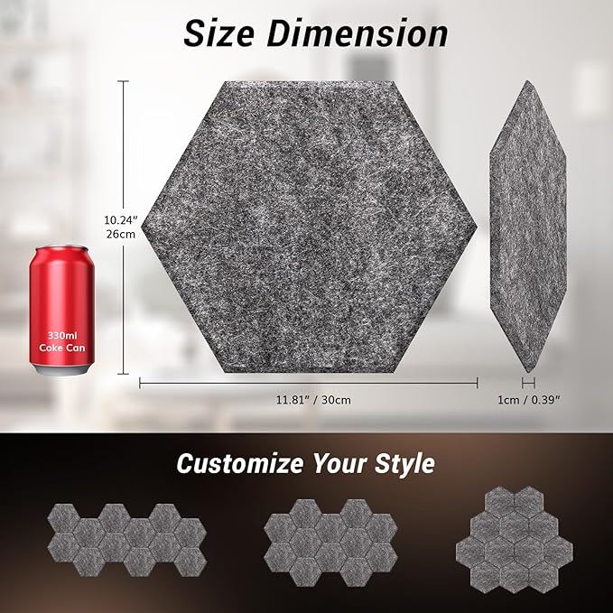 12 Pack Hexagon Acoustic Panels, TONOR 12"x 10"x 0.4" High Density Sound Proof - Image 5