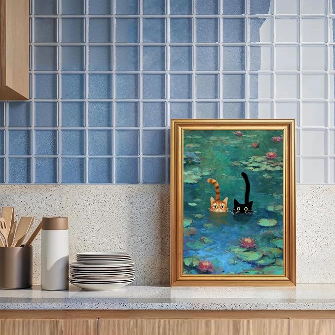 Fantasy Artists Gold Framed Wall Art Prints, Two Swimming Cats in Lotus Pond - Image 2