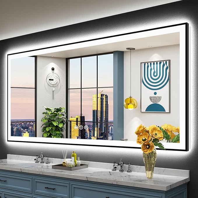 84x40 Black Framed LED Bathroom Mirror by Awandee
