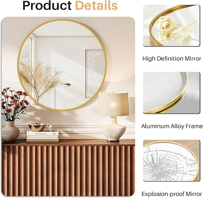 Bathroom Mirror for Wall, 30 Inch Round Mirror, Matte Gold Metal Framed Circle - Image 4