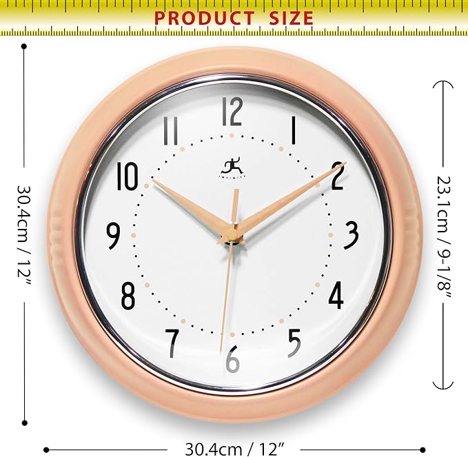 Infinity Instruments Retro 9.5 Inch Round Indoor Wall Clock, Peach Fuzz - Image 7
