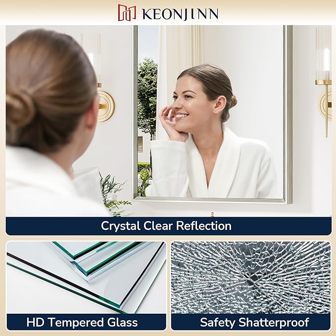Keonjinn 42 x 36 Inch Brushed Nickel Bathroom Mirrors - Image 3