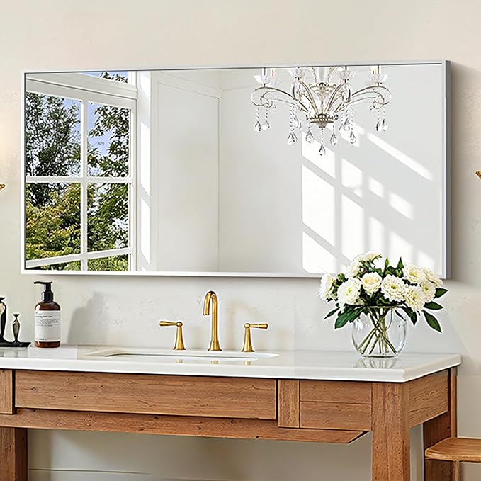 KOCUUY Silver Bathroom Mirror, HD Tempered Glass, Anti-Rust Brushed Silver Frame - Image 2