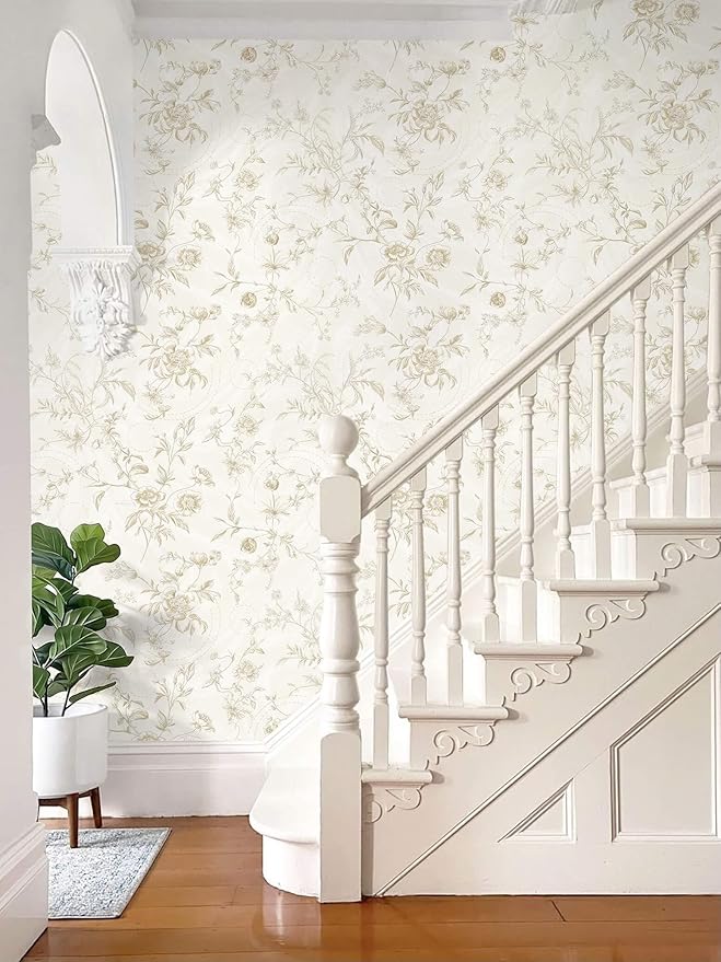 Ismoon Peel and Stick Wallpaper Floral Vintage Stick on Wall Paper Beige French - Image 5