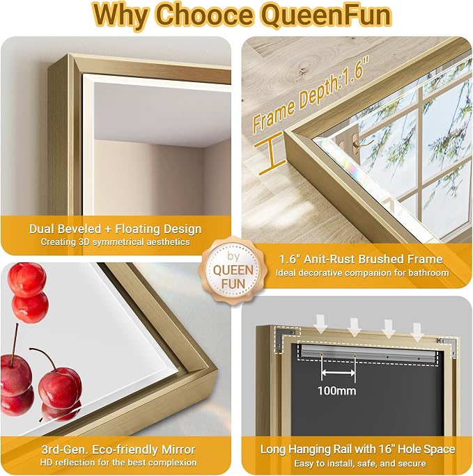 48 x 36 Gold Bathroom Mirror, Brushed Gold Beveled Bathroom Mirror, - Image 8