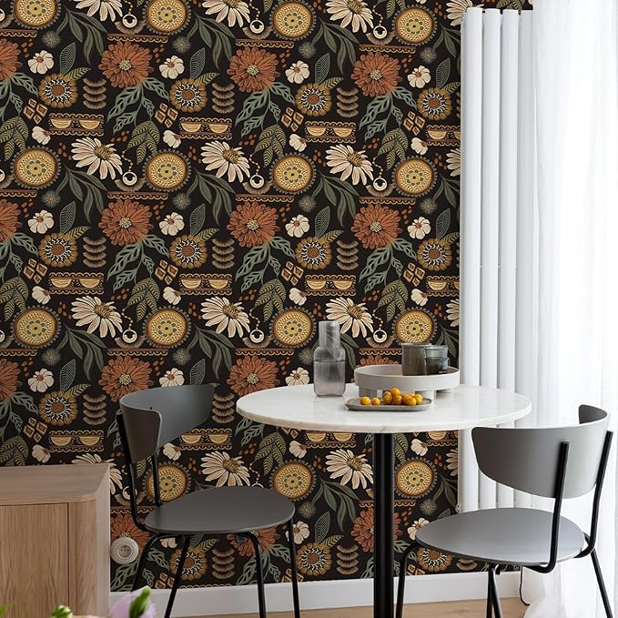 Simon&Siff Boho Peel and Stick Wallpaper, 17.3" x 80" Sun Floral Retro Contact - Image 3