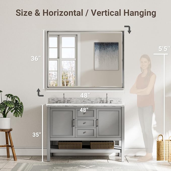 48 x 36 Silver Bathroom Mirror, Large Beveled Silver Bathroom Vanity Mirror - Image 2