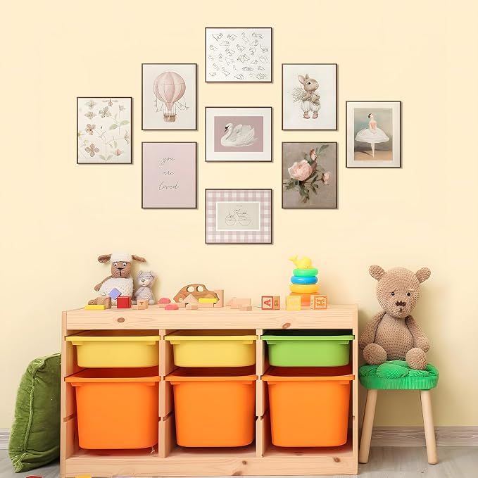 9pcs Nursery Pink Wall Art Baby Girl Canvas Wall Art Vintage Floral Prints Kids - Image 2