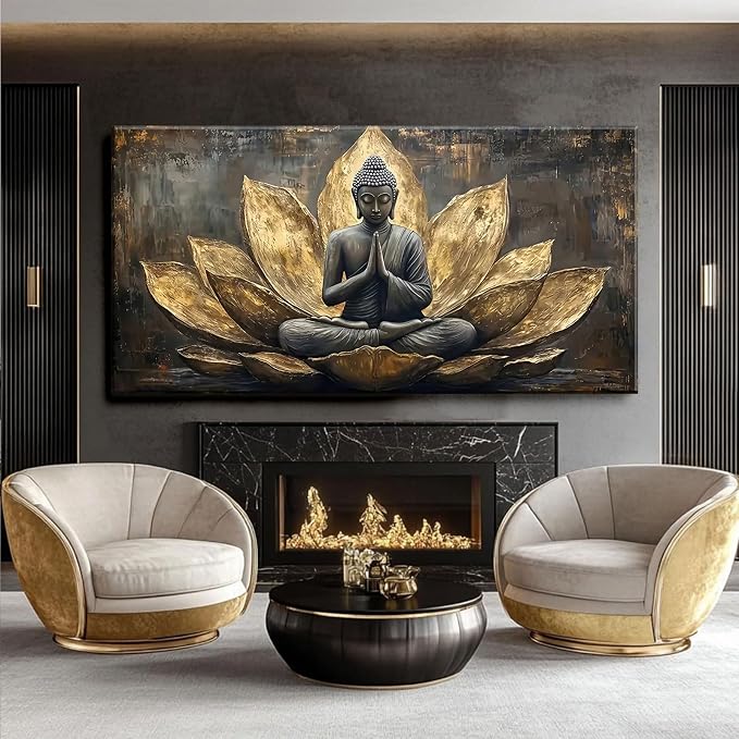 Large Buddha Lotus Canvas Wall Art Abstract Gold and Grey Zen Buddhism Decor - Image 4