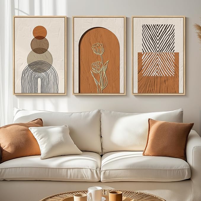 Framed Boho Abstract Wall Art Bedroom, 3 Piece Neutral Orange Paintings Prints by Cuspin