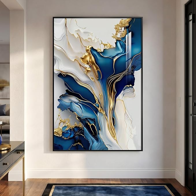 Extra Large Black Framed Gold and Blue Abstract Wall Art by Cuspin