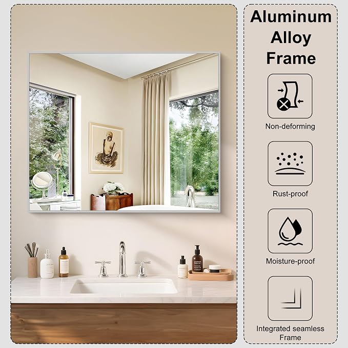 KOCUUY Silver Framed Mirror, HD Tempered Glass, Anti-Rust Frame, Modern Design - Image 5