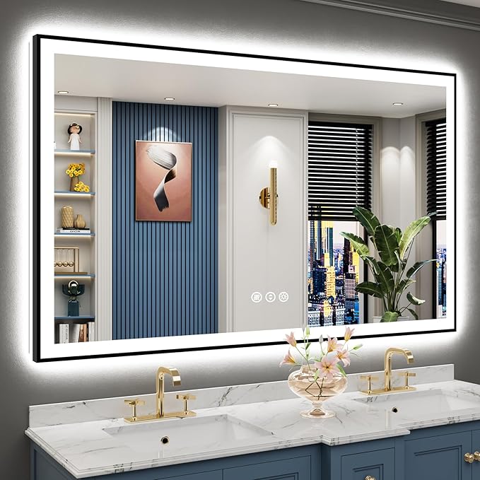 60x38 Black Framed LED Bathroom Mirror by Awandee