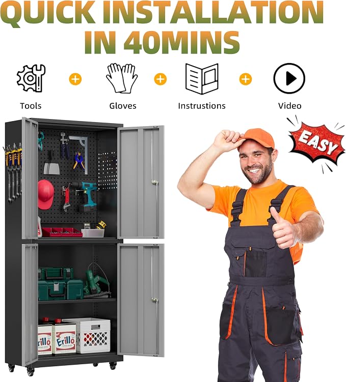 Garage Storage Cabinet with Wheels, Lockable Metal Storage Cabinet - Image 9
