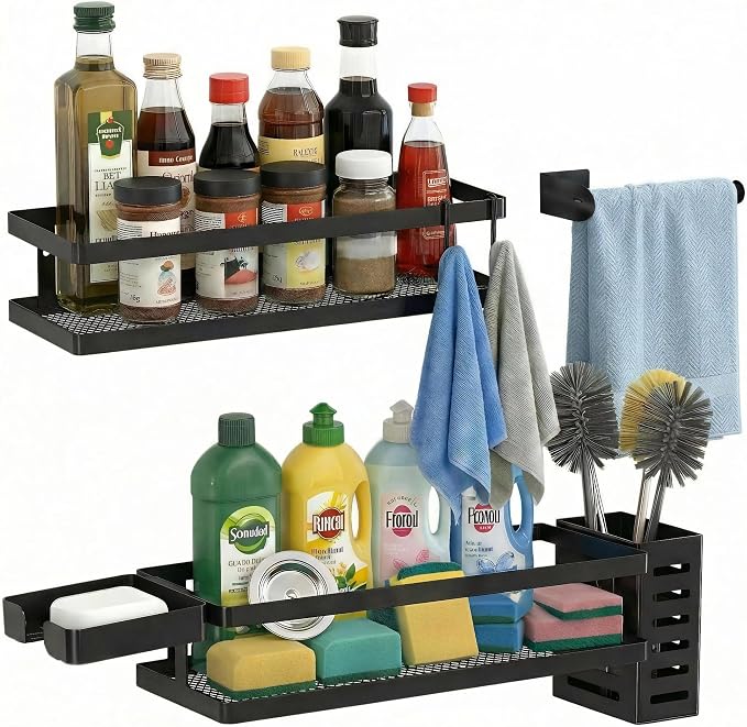 PUSDON 5-in-1 Shower Caddy & Kitchen Organizer Set, Wall Mount Wide Spice Rack by PUSDON