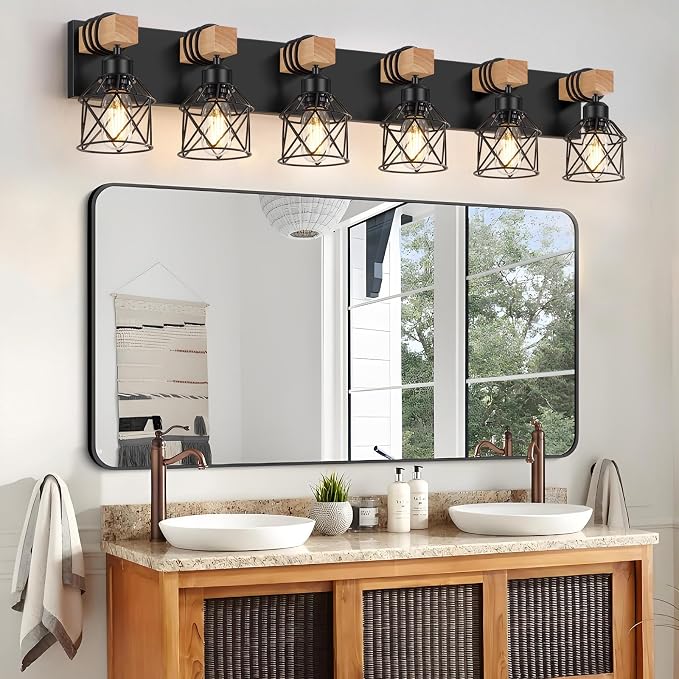 FadimiKoo 6-Light Farmhouse Bathroom Lighting Fixtures, Wood Black Vanity - Image 6