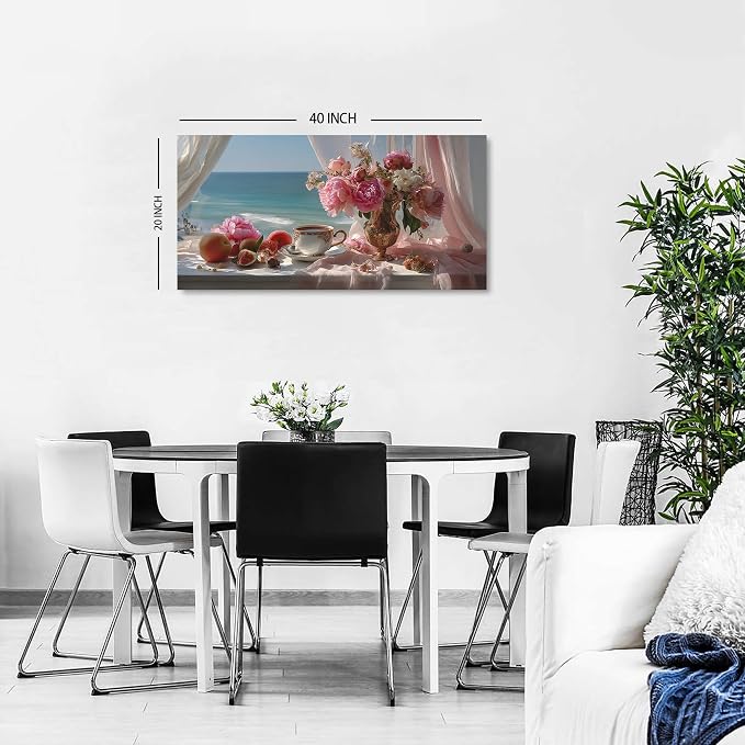 Vintage Pink Flower Wall Art Retro Flowers in Golden Vase Pictures Blue Ocean - Image 2