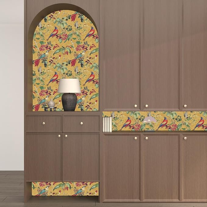 Yellow Boho Wallpaper Peel and Stick, Vintage Floral Bird Contact Paper - Image 8