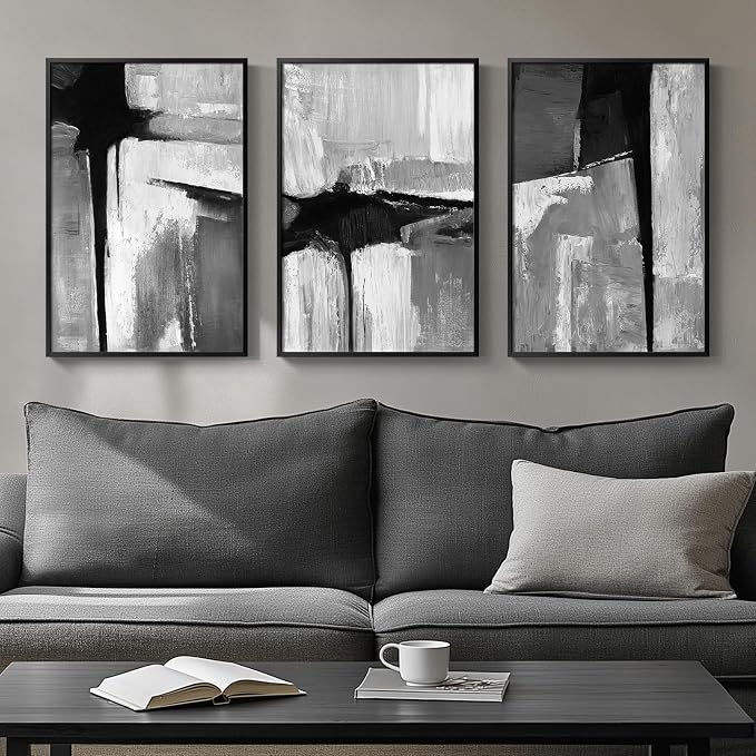 Framed Black and White Gray Modern Abstract Wall Art, Minimalist Art Prints by Cuspin