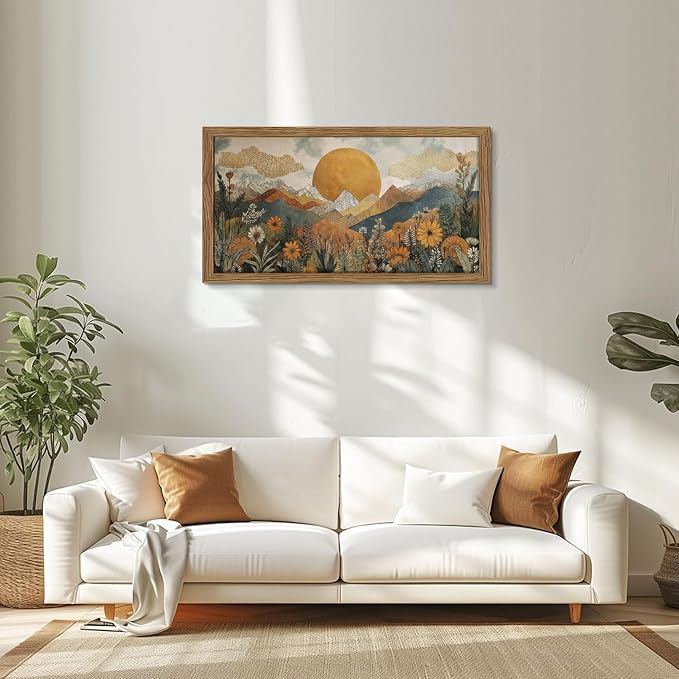 Framed Boho Landscape Large Wall Art, Abstract Sun Mountain Canvas Wall Decor - Image 6