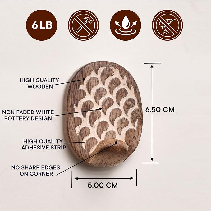 Indian Shelf 6 Lb- 3 Pieces Decorative Wood Adhesive Wall Hooks–Boho Peel and - Image 3