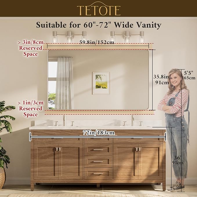 TETOTE 60 x 36 Inch Brushed Nickel Bathroom Mirror - Image 8