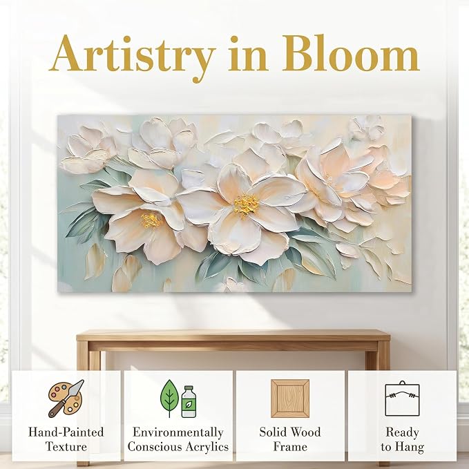 Anolyfi White Textured Flowers Canvas Wall Art - Image 3