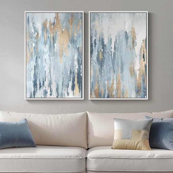Large White Framed Blue and Gold Abstract Canvas Wall Art, 2 Piece Modern by Cuspin