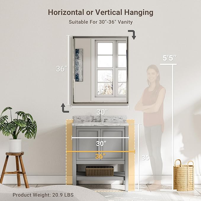 Brushed Nickel Bathroom Mirror, 30x36 Inch Beveled Framed Bathroom Mirror - Image 2