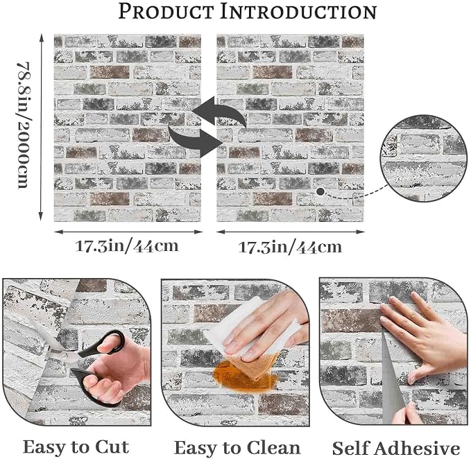 Brick Wallpaper Peel and Stick Wallpaper 17.3"x787" Grey and White 3D Brick - Image 3