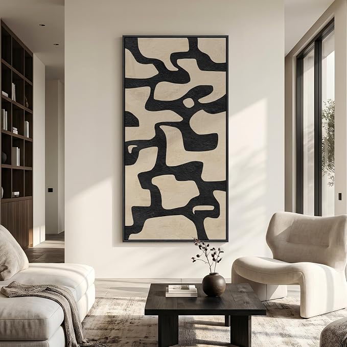 Large Framed Neutral Abstract Wall Art, Vertical Black Beige Geometric Canvas - Image 2