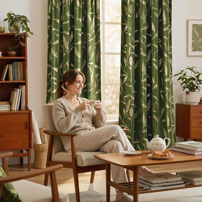 NICETOWN Leaf Patterned Green Velvet Curtains 96 inches Long 2 Panels Gold Foil - Image 3