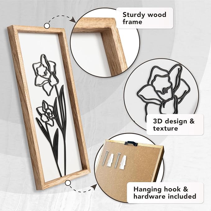3D Black and White Wall Art Lightweight, Wooden Ready-to-Hang Framed Floral - Image 5