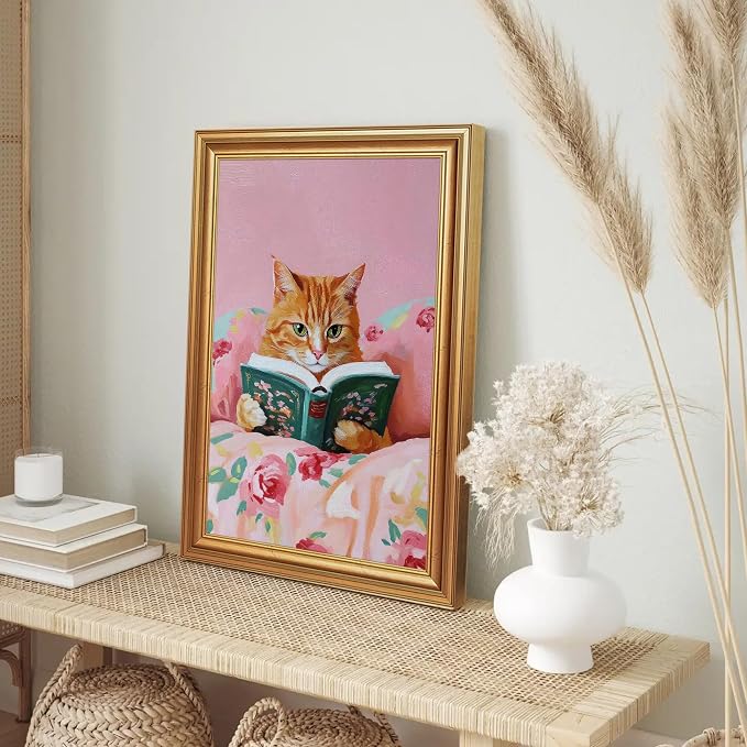 Fantasy Artists Gold Framed Wall Art Prints, Cute Orange Cat Reading a Green - Image 5