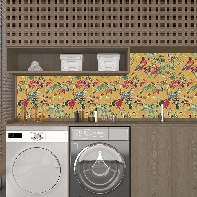 Yellow Boho Wallpaper Peel and Stick, Vintage Floral Bird Contact Paper - Image 3