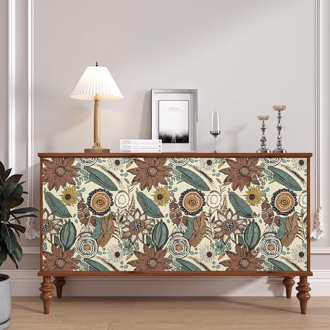 Boho Wallpaper Peel and Stick, Retro Floral Contact Paper 17.5" x 393.7" - Image 2