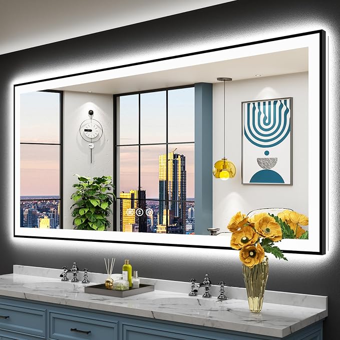 77x36 Black Framed LED Bathroom Mirror by Awandee