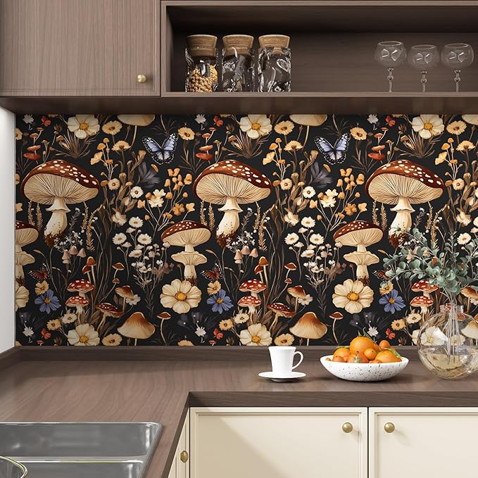 BOKEBEVE Peel and Stick Wallpaper Mushroom Wallpaper Vintage Floral Contact - Image 2