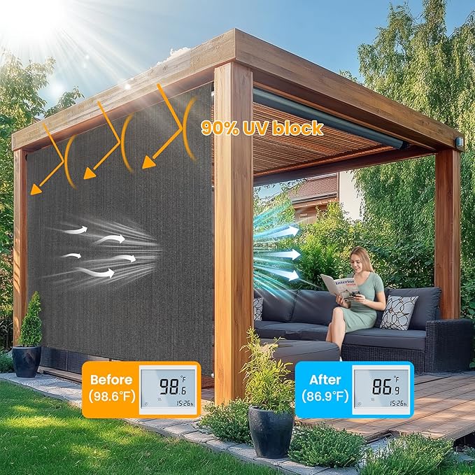 Custom Size Gray Patio Shades Roll up Outdoor Roller Shade Crank Wand Blind - Image 2