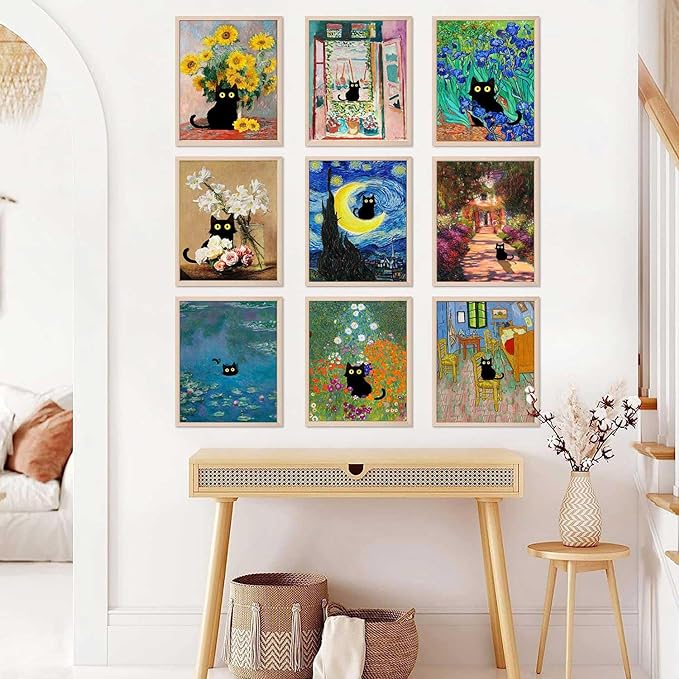 9Pcs Funny Black Cat Wall Art Cats in Famous Paintings Posters Prints Vintage - Image 4