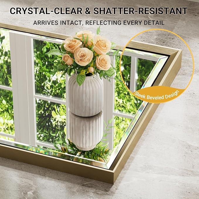 60 x 36 Gold Bathroom Mirror, Brushed Gold Beveled Bathroom Mirror, - Image 3