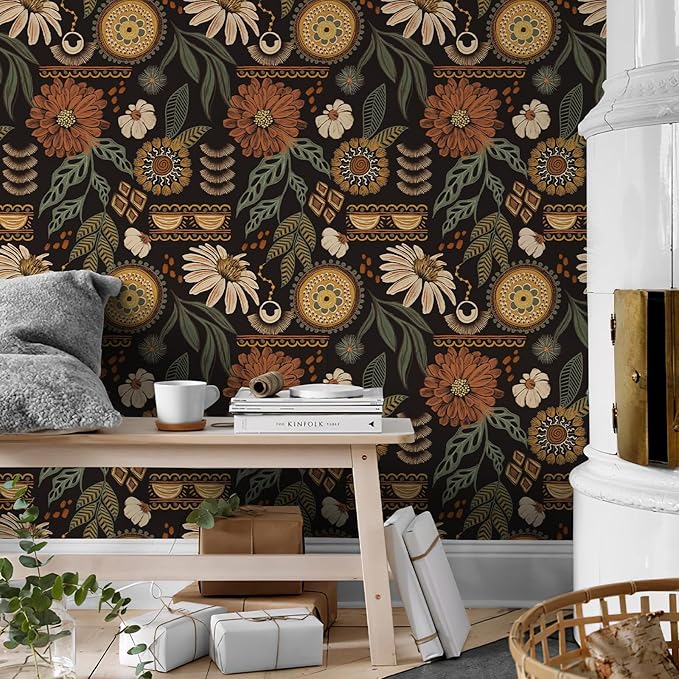 Simon&Siff Boho Peel and Stick Wallpaper, 17.3" x 80" Sun Floral Retro Contact - Image 5