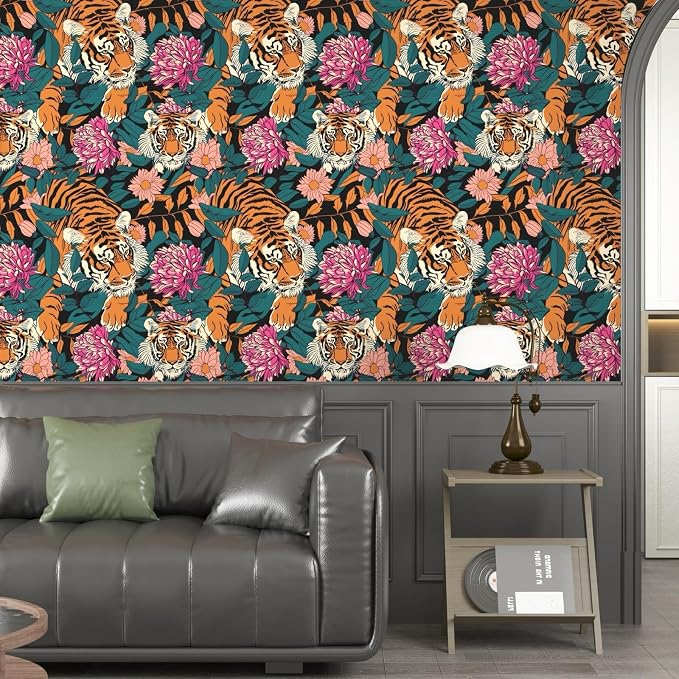 BOKEBEVE Tiger Wallpaper Peel and Stick Vintage Floral Contact Paper Retro Boho - Image 4