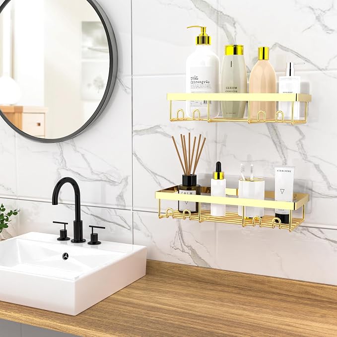 Moforoco Shower Caddy Shelf Organizer Rack, Self Adhesive Black Bathroom - Image 2
